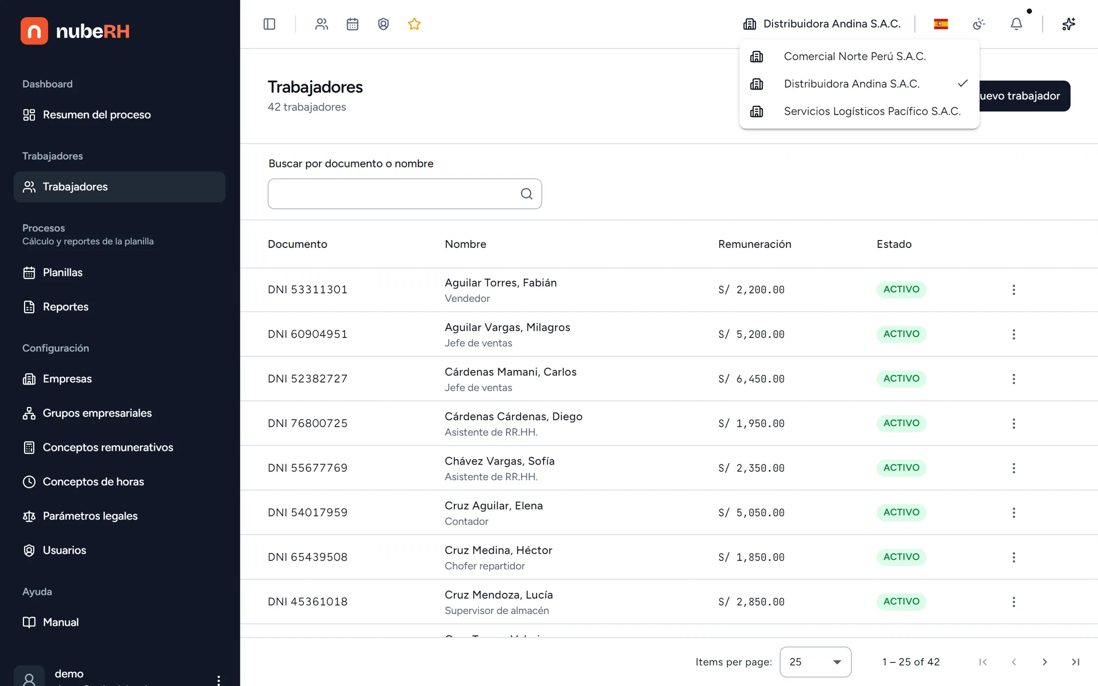 Selector de empresas de NubeRH con varias empresas de un mismo grupo.