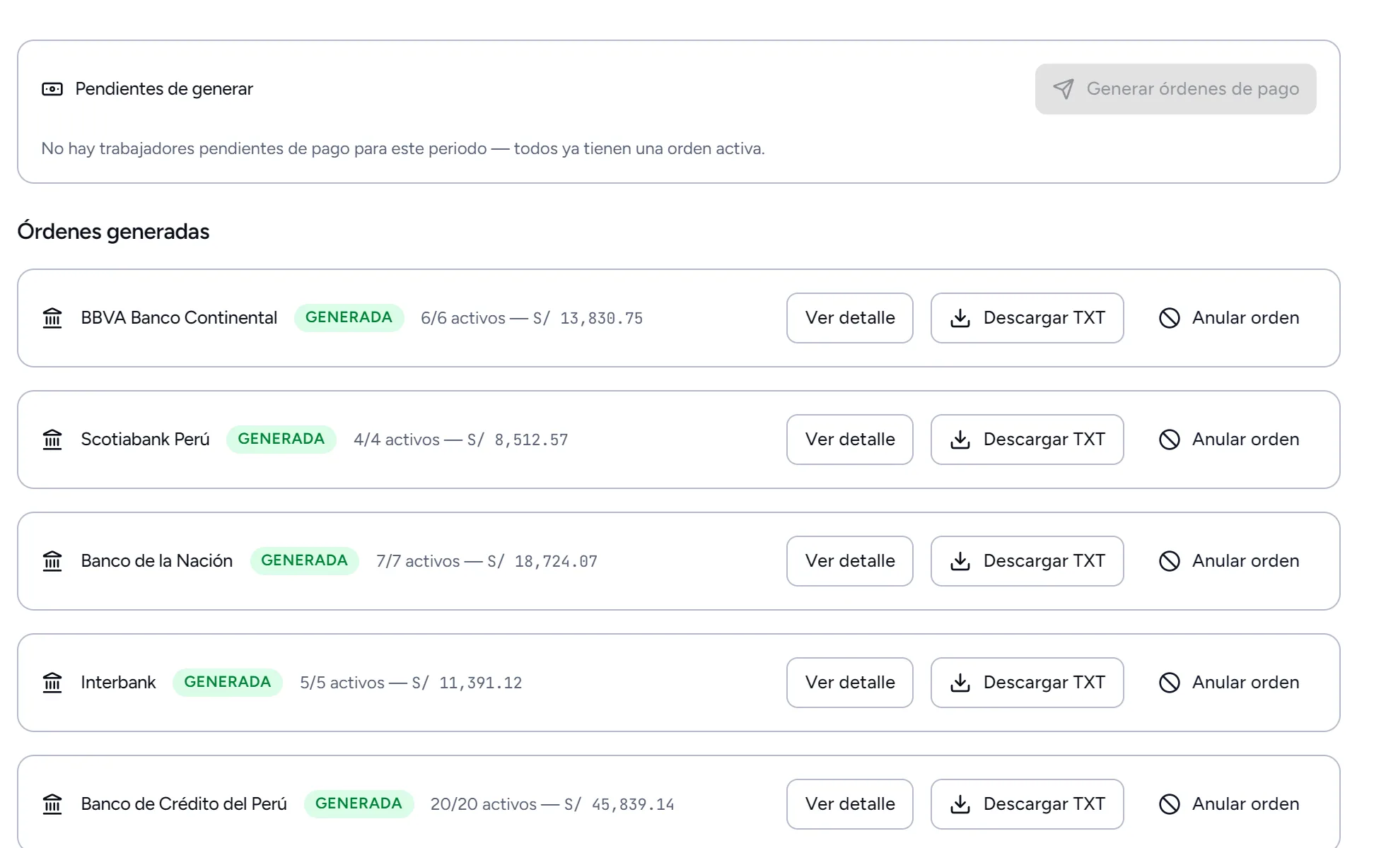 Resumen de órdenes de pago por banco para un periodo de planilla.